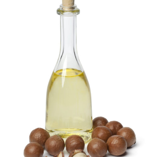 Bottle with Macadamia oil and nuts on white background