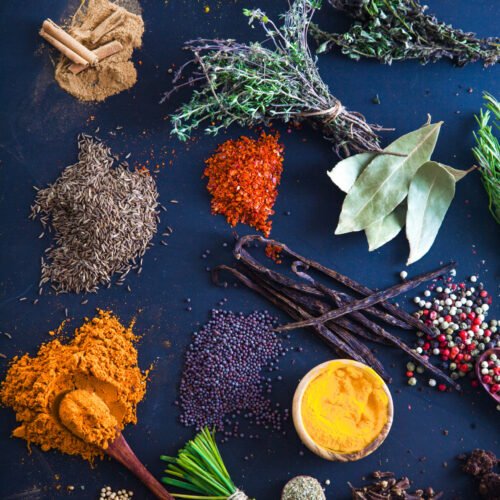 Spices and herbs. Variety of spices and mediterranean herbs. Food background